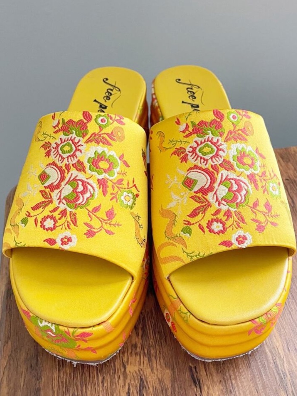 Free People Harbor Brocade Floral Platform Heels Sandals Yellow 9.5